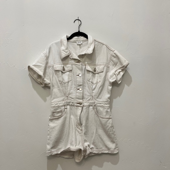 White Denim Button Up Romper Football Gameday Outfit - Picture 2 of 5